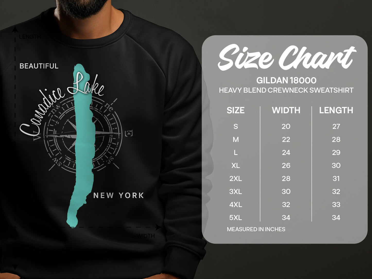 Sweatshirt size chart with Canadice Lake graphic and measurements in inches.
