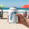 White koozie with blue Grand Lake map and compass graphic, held on beach.