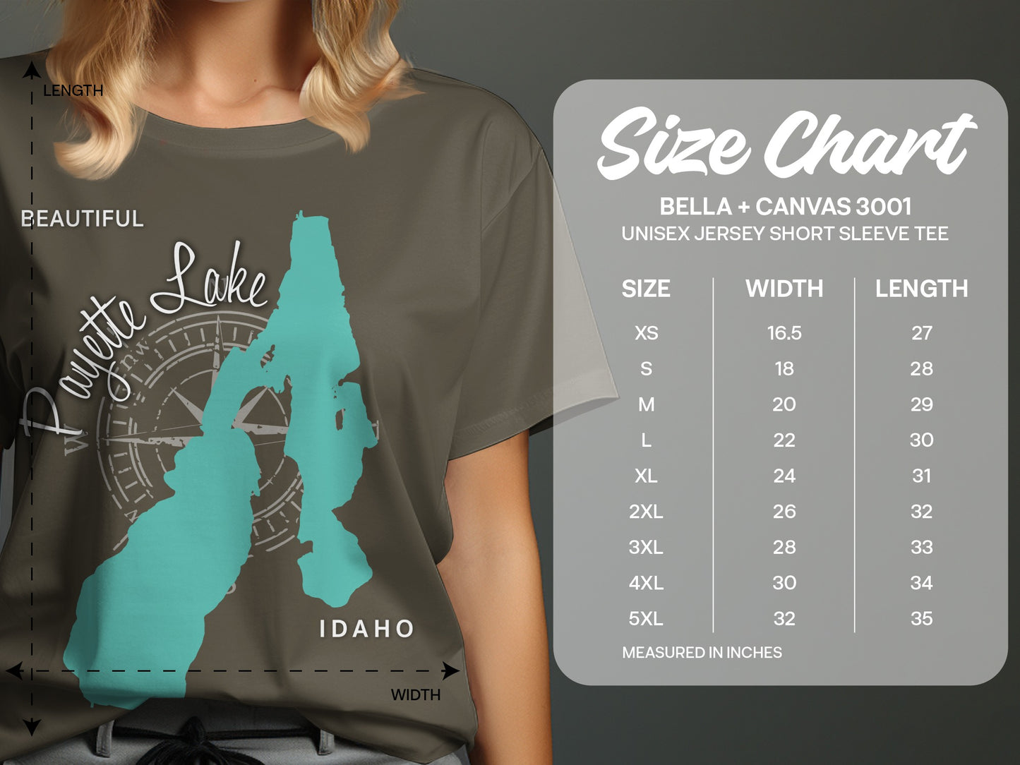 T-shirt featuring Payette Lake map and size chart.