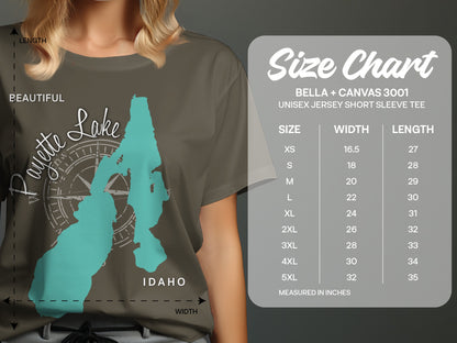 T-shirt featuring Payette Lake map and size chart.