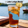 Glass of iced tea with "Catalina Island" graphic and lemon slice.