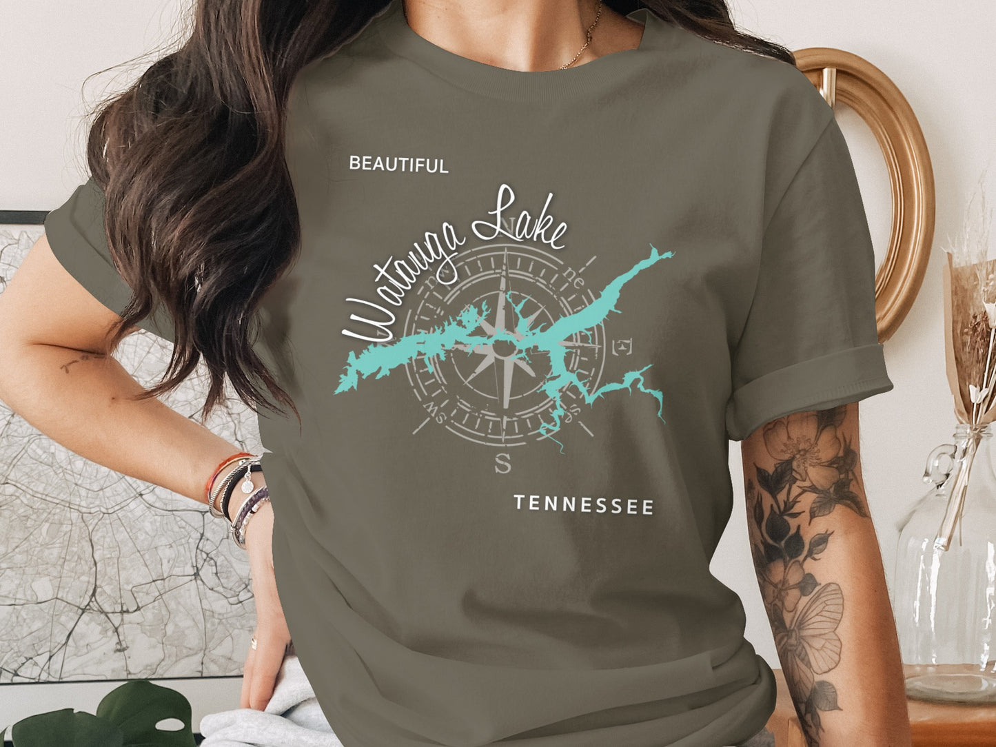 Watauga Lake map and compass graphic on a t-shirt.