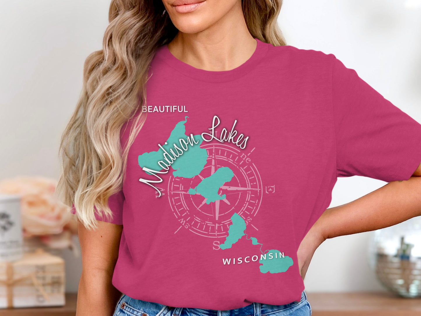 T-shirt featuring "Beautiful Madison Lakes Wisconsin" map graphic with compass rose.