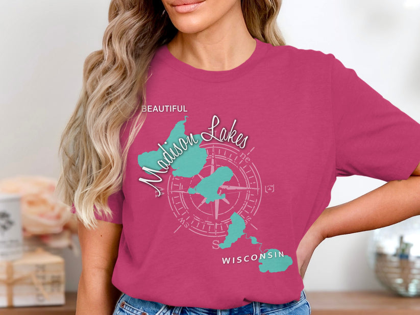 T-shirt featuring "Beautiful Madison Lakes Wisconsin" map graphic with compass rose.