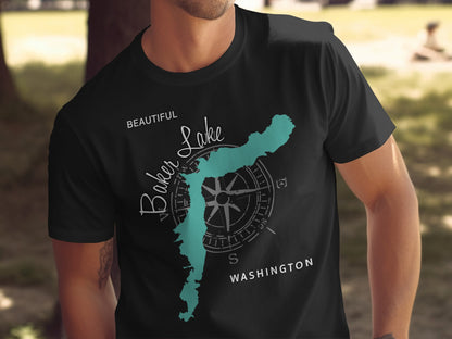 Black t-shirt with teal Baker Lake, Washington map and compass graphic.