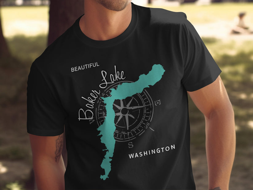 Black t-shirt with teal Baker Lake, Washington map and compass graphic.