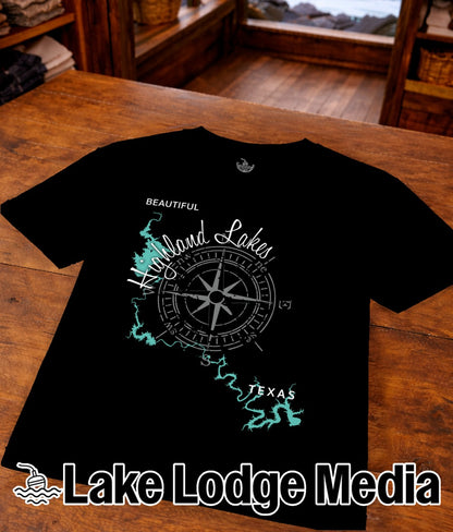 Black t-shirt with "Beautiful Inland Lakes Texas" and compass design.