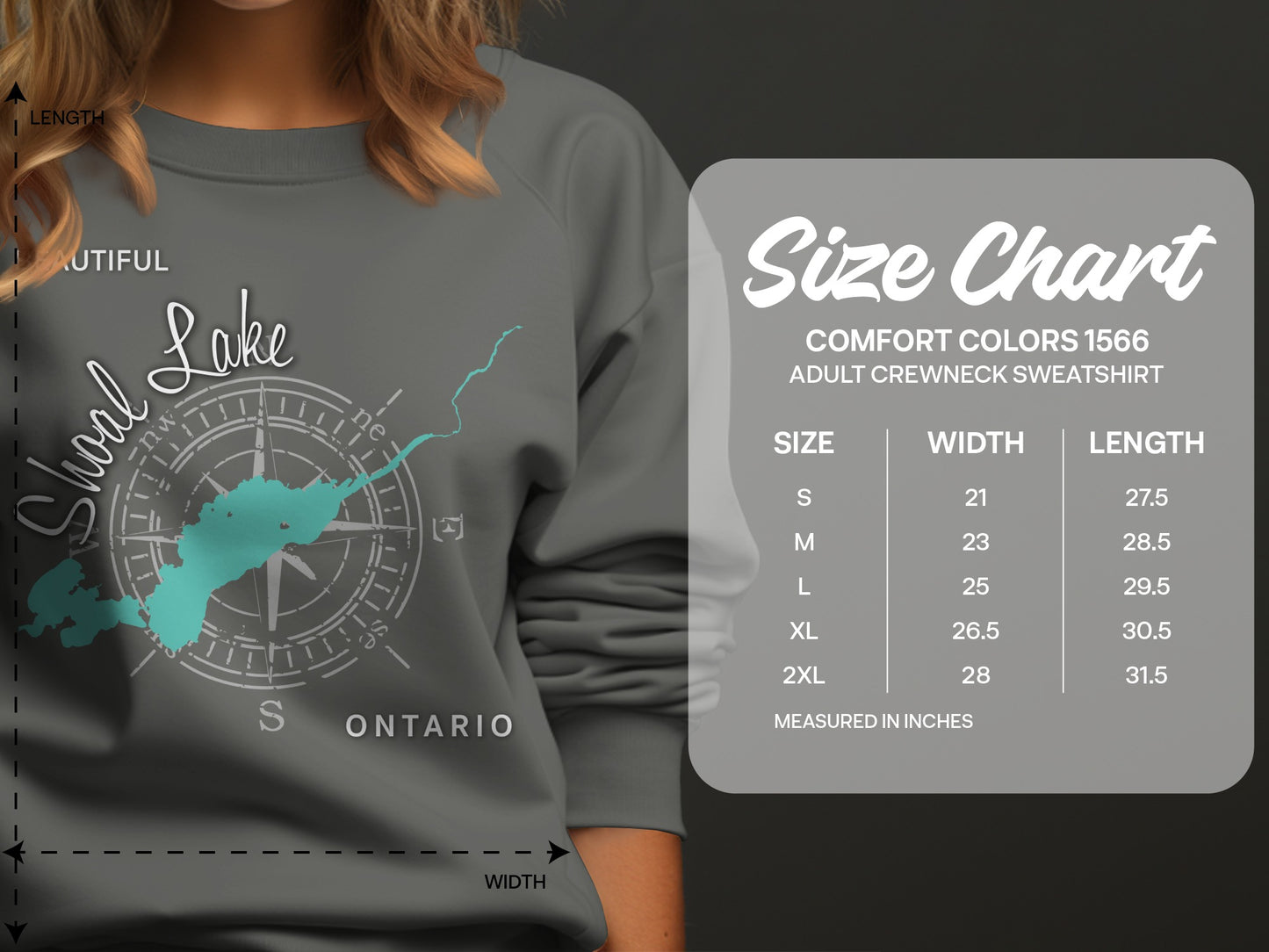 Lake Ontario graphic on sweatshirt with Comfort Colors size chart.