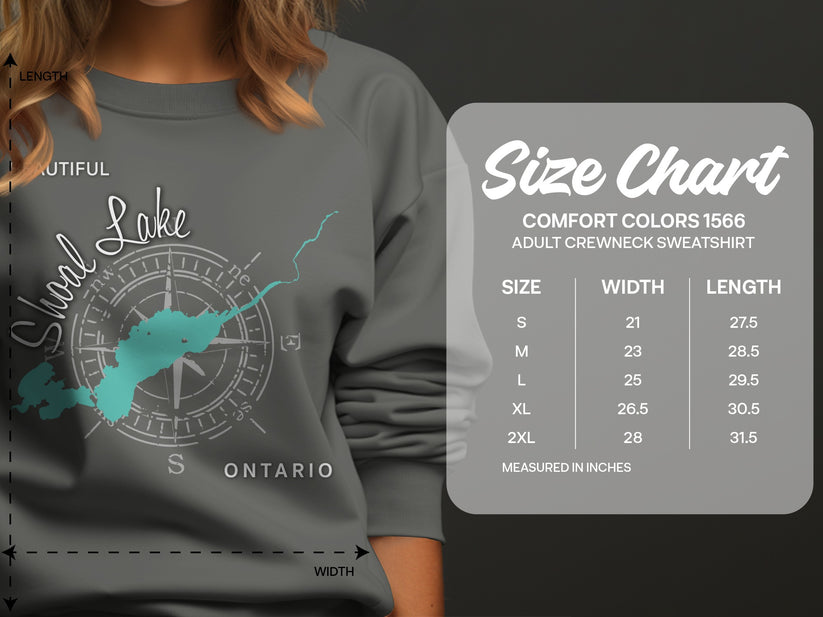Lake Ontario graphic on sweatshirt with Comfort Colors size chart.