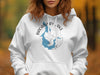 White hoodie with Broadway Lake logo featuring map and compass.