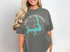 Gray t-shirt with a turquoise Lake Thunderbird, Oklahoma map graphic and compass rose.