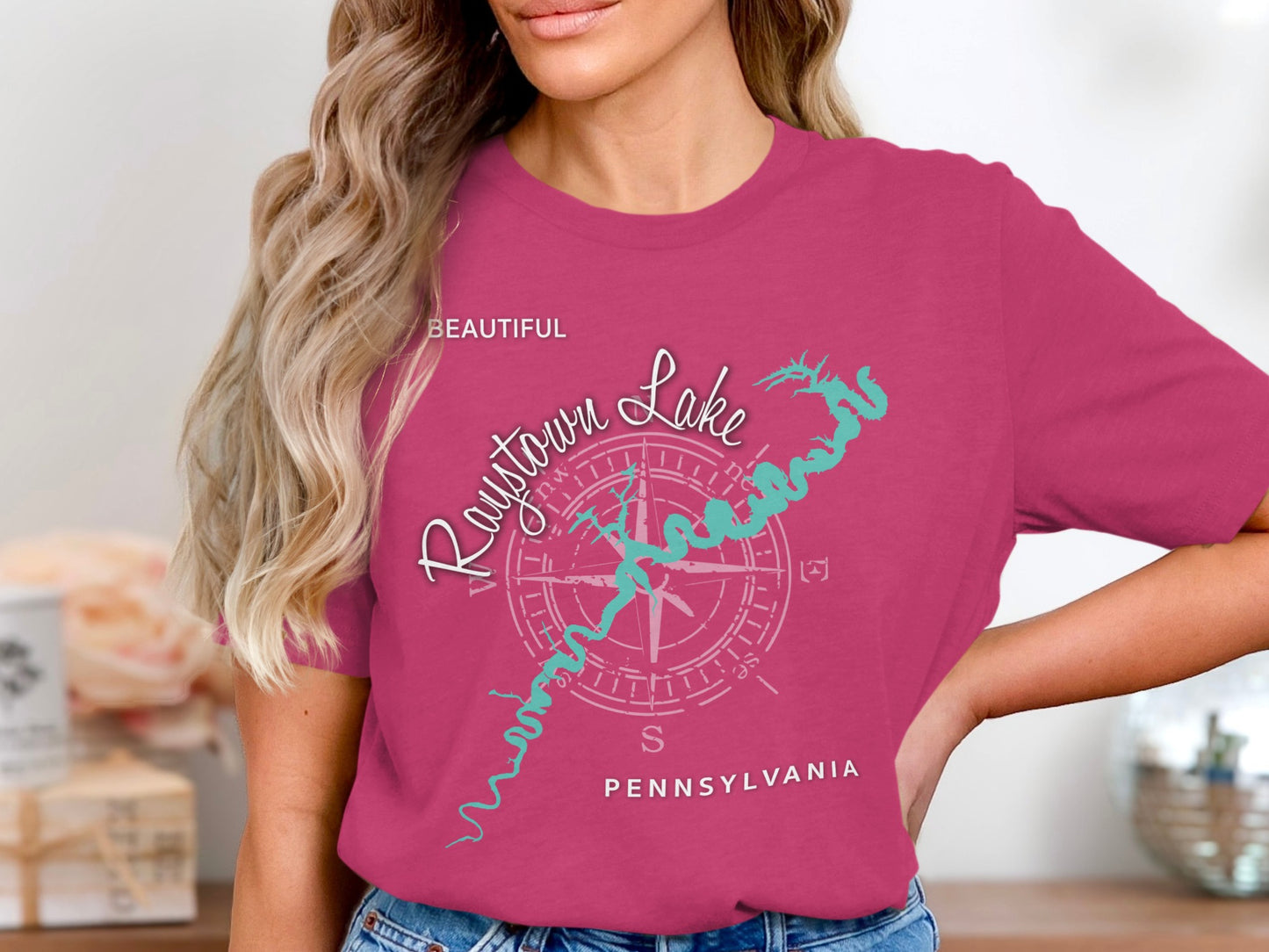 Raystown Lake Pennsylvania compass design on a magenta t-shirt.