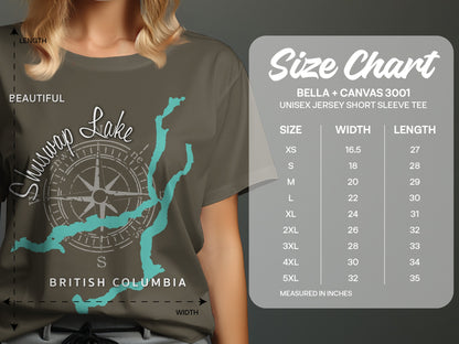 T-shirt size chart for Bella + Canvas 3001 with Shuswap Lake graphic.
