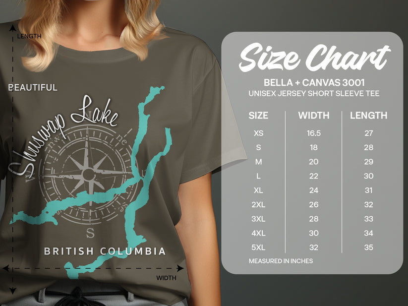 T-shirt size chart for Bella + Canvas 3001 with Shuswap Lake graphic.