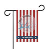 Garden flag with red and white stripes, Lake Shasta map, and "The Smith Family" text.