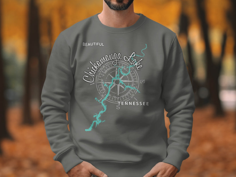 Dark grey sweatshirt with "Beautiful Chickamauga Lake Tennessee" and a compass rose design.