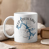 White mug with "Deep Creek Lake Maryland" text and a compass rose design.