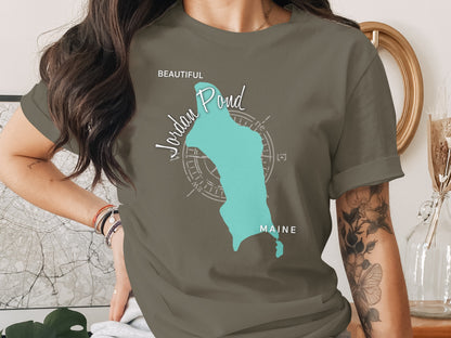 Olive t-shirt with a teal map outline of Jordan Pond, Maine.