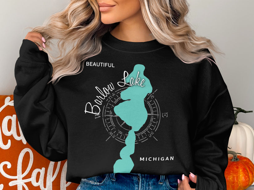 Black sweatshirt with "Beautiful Barlow Lake Michigan" map graphic.