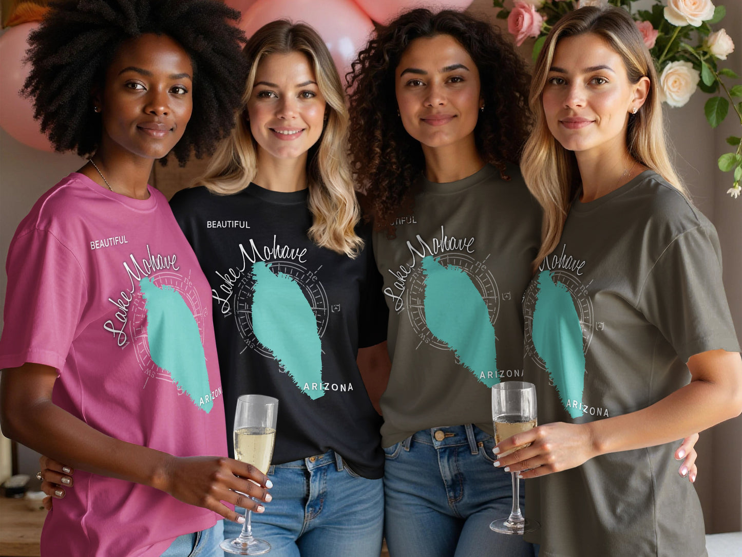 Four women wear t-shirts with "Beautiful Lake Mohave Arizona" text and map graphic.