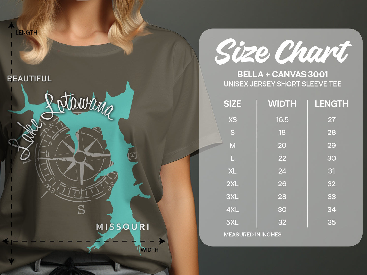 Lake Lotawana Missouri compass t-shirt size chart with measurements.