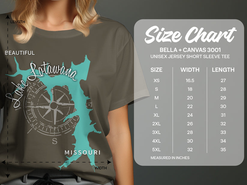 Lake Lotawana Missouri compass t-shirt size chart with measurements.