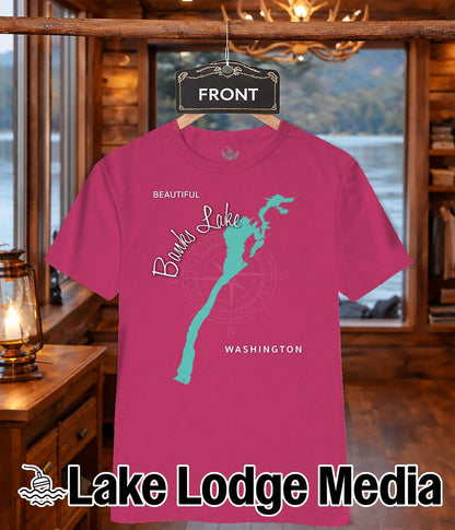 Pink t-shirt with a teal map of Washington state and "Banks Lake" text.