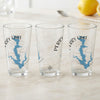 Three clear glasses with blue Perry Lake, Kansas map and compass design.