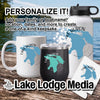 Mug, tumbler, and sticker featuring Lake Huron map designs with personalization text.