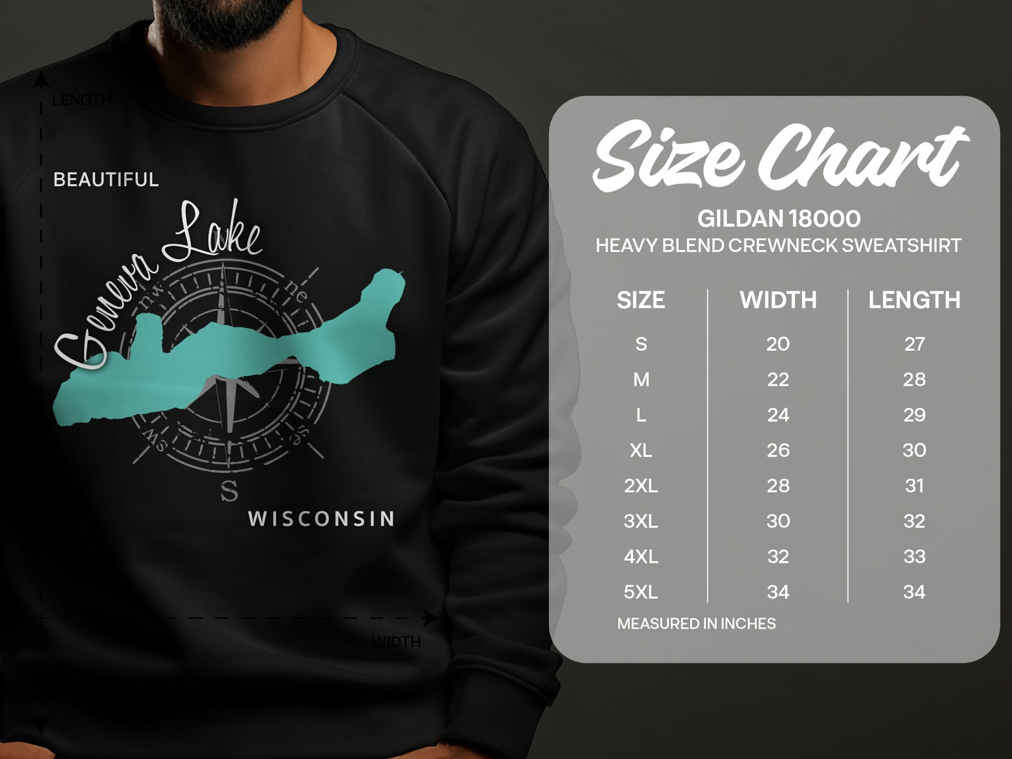 Black sweatshirt with Lake Geneva map graphic and Gildan 18000 size chart.