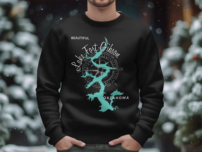 Black sweatshirt with "Lake Fort Gibson Oklahoma" and compass graphic.