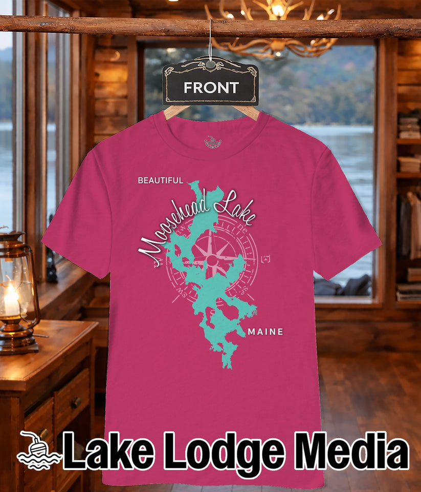 Pink t-shirt with "Moosehead Lake Maine" graphic and compass rose.