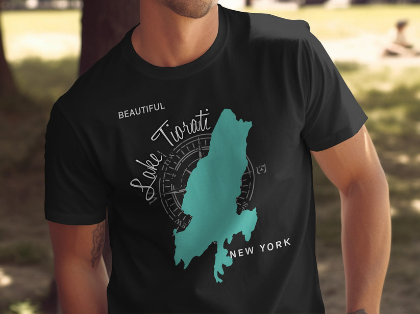 Black t-shirt with "Lake Tiorati New York" text and teal compass rose map.