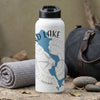 White water bottle with blue lake map and compass design, "Cold Lake" text.
