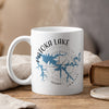 White mug with Patoka Lake, Indiana map and compass design.