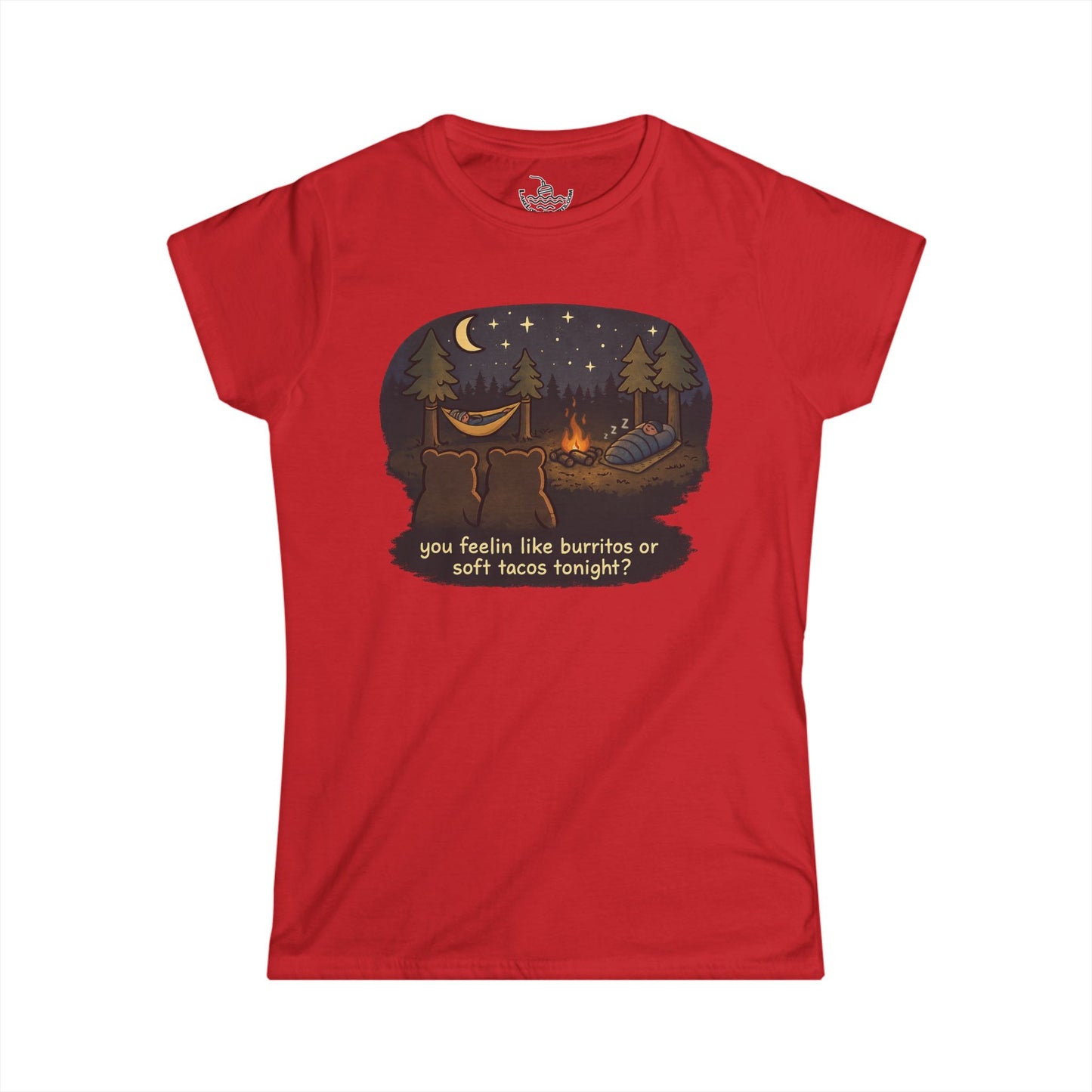 Campfire Bears Humor Women's Cut Shirt, People in Sleeping Bags are Bear Burritos and Tacos Joke, Hiking Smores Bonfire Shirt