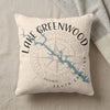 Pillow with "Lake Greenwood South Carolina" text and a blue lake map design.