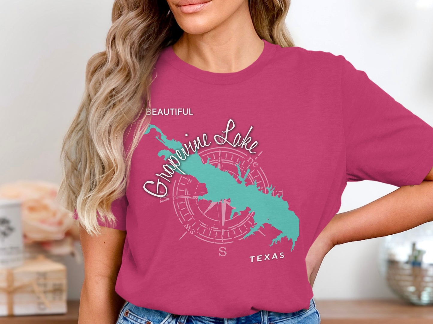 Grapevine Lake Texas map with compass rose on a pink t-shirt.