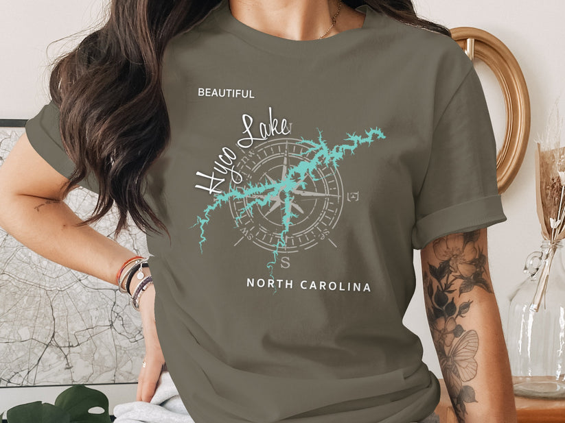 T-shirt with Hyco Lake map outline, compass, and "North Carolina" text.