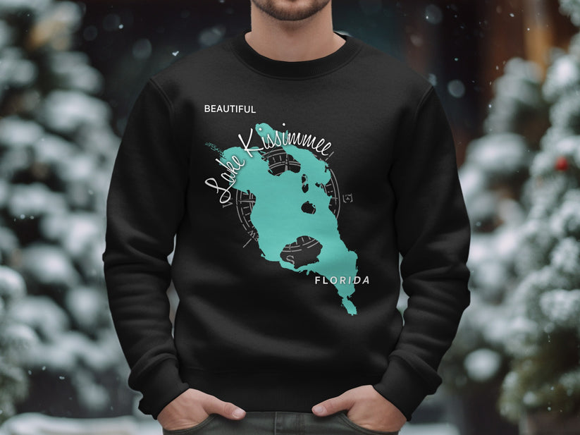 Black sweatshirt with teal Lake Kissimmee, Florida map design.