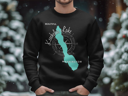 Black sweatshirt with "Keechum Lake" map design and compass graphic.