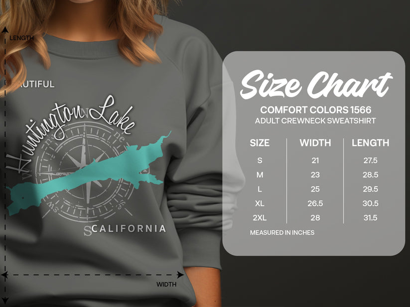 Huntington Lake California graphic sweatshirt size chart.
