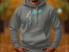 Grey hoodie with a turquoise Baker Lake Washington map graphic and compass rose.