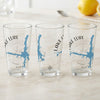 Three clear glasses with blue Lake Lure map and compass design.