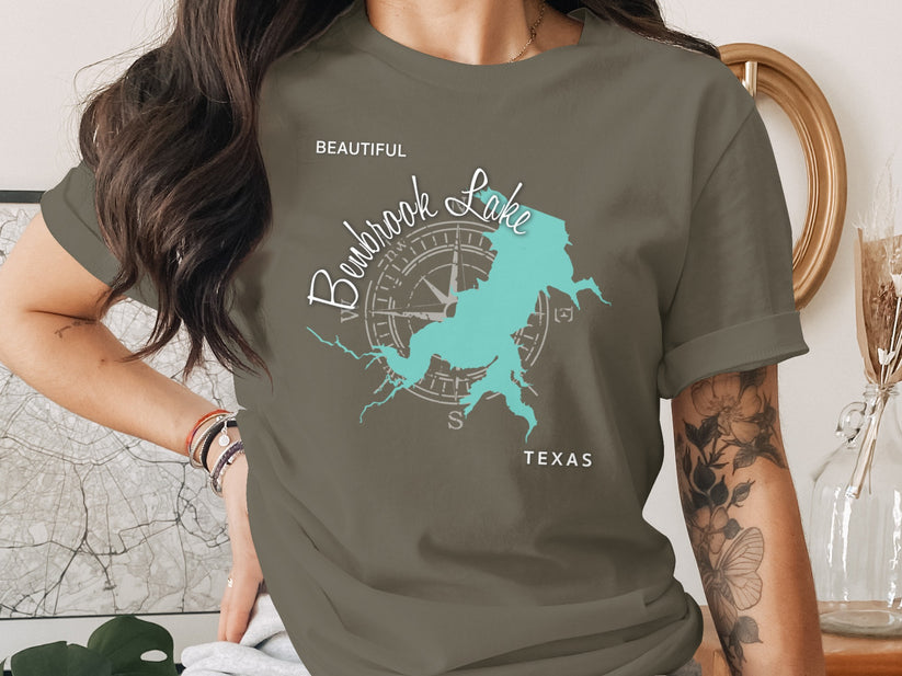 T-shirt with teal map outline of Lake Buchanan, Texas, and compass rose.