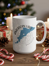 White mug with American Lake, Washington map and compass design.