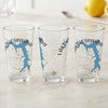 Three clear glasses with Lake Lotawana Missouri map and compass graphics.