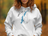 White hoodie with Yale Lake Washington map and compass graphic.