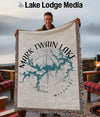 Mark Twain Lake Missouri map blanket held by a man with Lake Lodge Media logo.