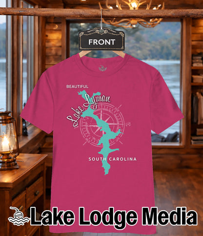 Pink t-shirt with a compass and map of South Carolina, "Lake Lyman" text.